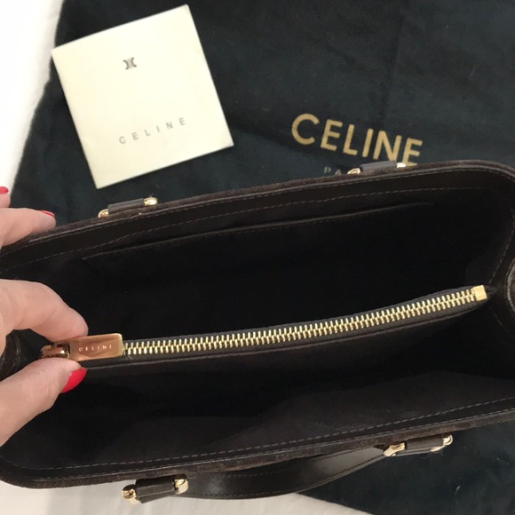CELINE BROWN SUEDE EMBOSSED LOGO SM TOTE HANDBAG - Picture 6 of 8
